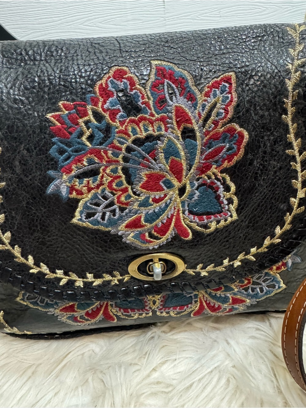 Patricia Nash Arezzo Saddle Bag with Floral Embroidery Crossbody Bag Black - Picture 4 of 15